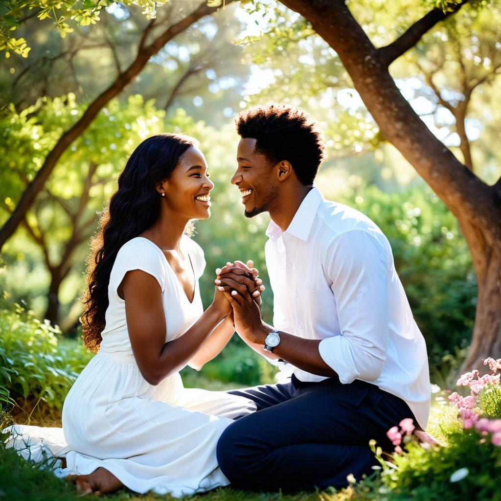 A warm, inviting scene of two diverse individuals sharing a heartfelt conversation, surrounded by gentle nature elements like blooming flowers and soft sunlight filtering through trees. They should be engaged in a moment of laughter and connection, symbolizing affection and intimacy. Include subtle details of intertwined hands or leaning closer to emphasize bonding. The background should evoke a serene, peaceful atmosphere. super-realistic. vibrant colors. soft focus.