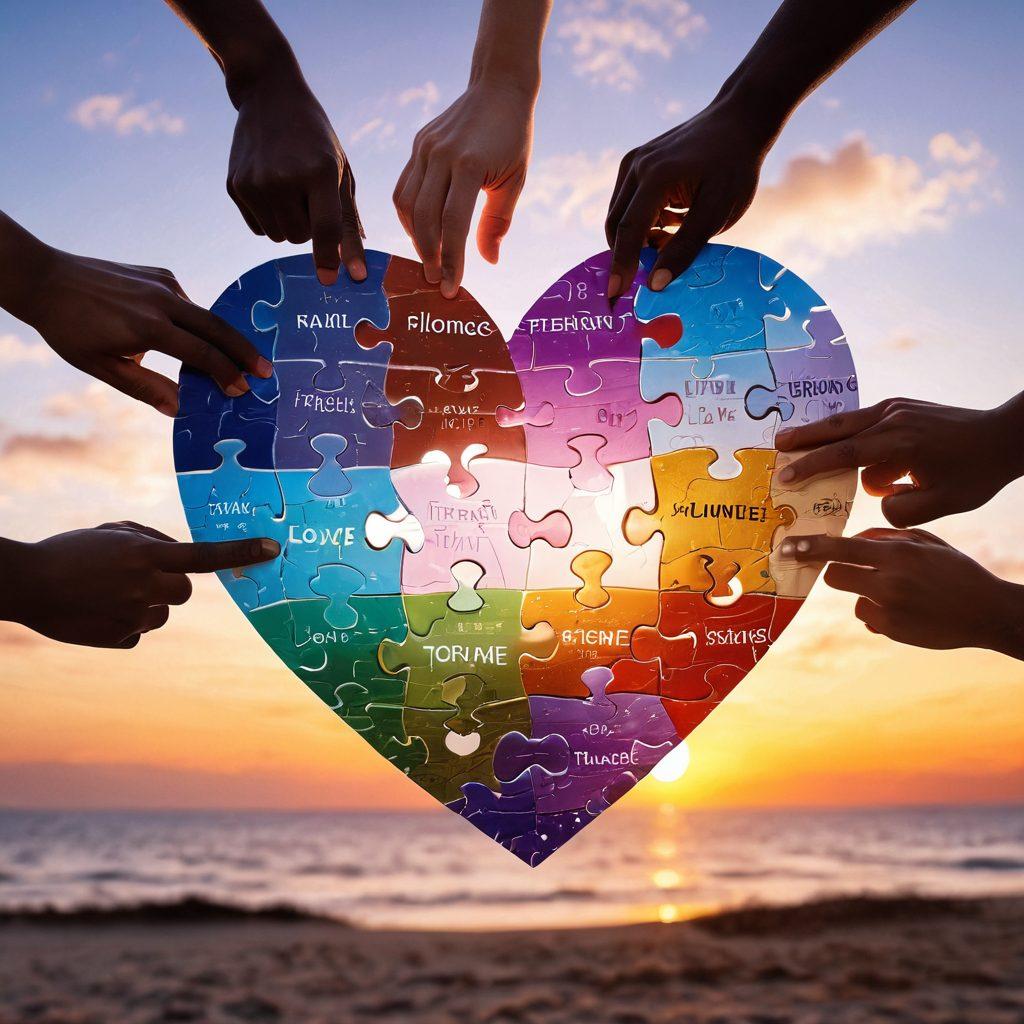 A heart-shaped puzzle being assembled by diverse hands, symbolizing partnership and connection. In the background, a tranquil sunset creating a warm atmosphere of communication and understanding. Include speech bubbles with positive words like 'trust' and 'love' floating around. Use a soft focus to enhance emotional warmth. vibrant colors. soft lighting.