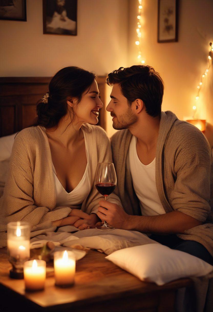 A cozy and intimate setting, featuring a couple sharing a warm gaze over a candlelit dinner, surrounded by soft pillows and blankets, with a gentle glow from fairy lights in the background. Include a small table with a bottle of wine and two glasses, evoking feelings of romance and connection. The ambiance should feel inviting and nurturing, reflecting the journey from companionship to romance. super-realistic. warm colors. soft focus.